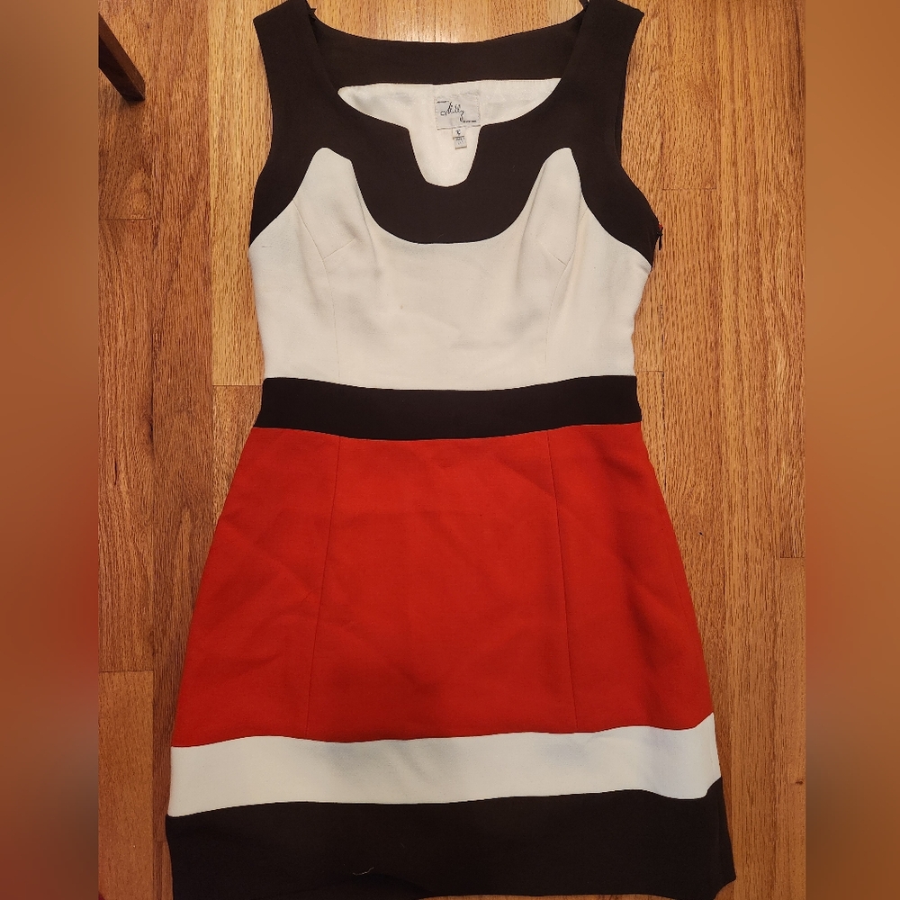 Milly Elegant Cream Brown Red Orange Mini Dress Sleeveless Colorblock